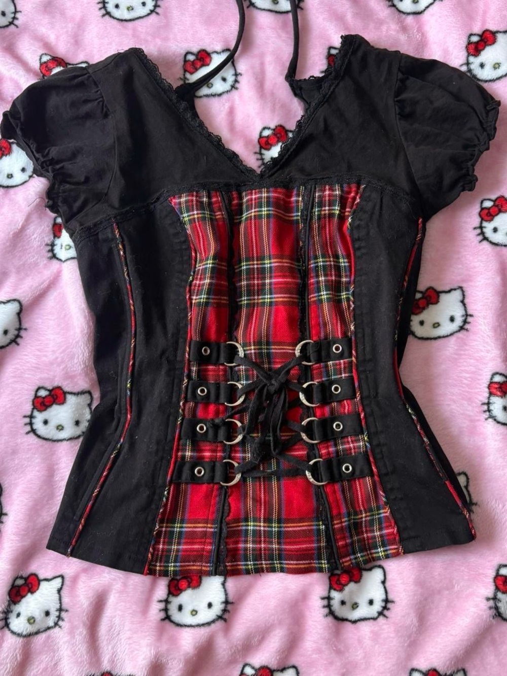 Tripp NYC Black Top with Red Plaid Corset Front